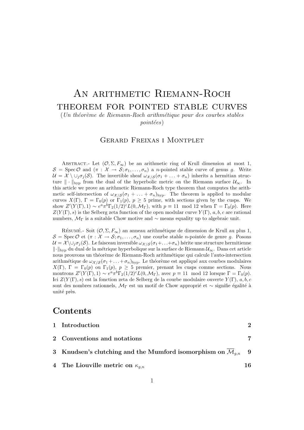 An Arithmetic Riemann-Roch Theorem for Pointed Stable Curves (Un Th´Eor`Emede Riemann-Roch Arithm´Etiquepour Des Courbes Stables Point´Ees)