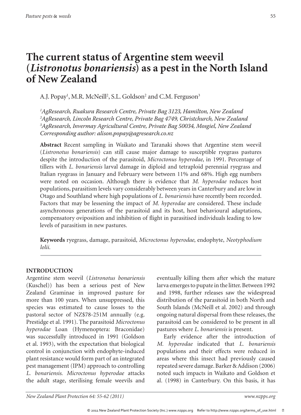 Listronotus Bonariensis) As a Pest in the North Island of New Zealand