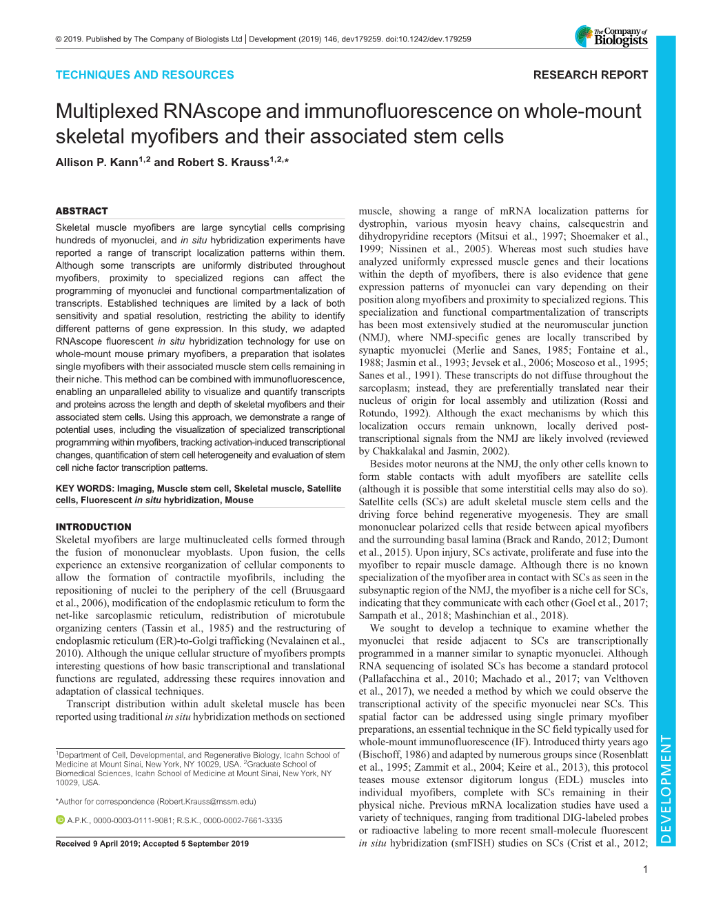 Multiplexed Rnascope and Immunofluorescence on Whole-Mount Skeletal Myofibers and Their Associated Stem Cells Allison P