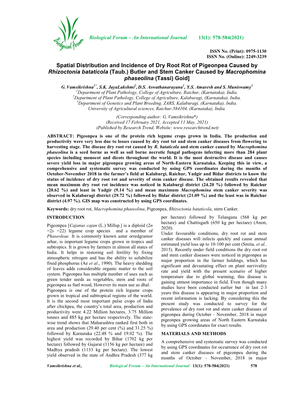 Spatial Distribution and Incidence of Dry Root Rot of Pigeonpea Caused