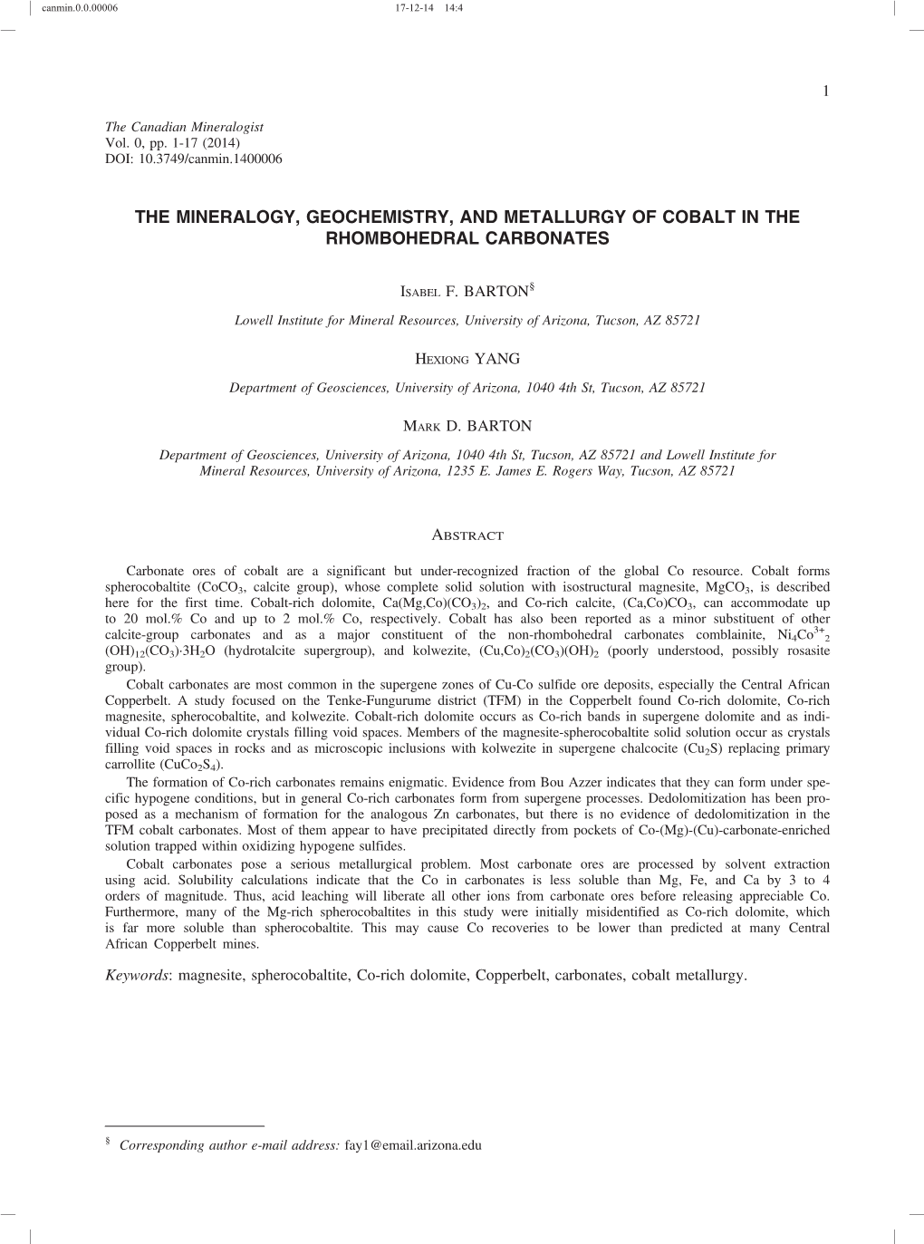 The Mineralogy, Geochemistry, and Metallurgy of Cobalt in the Rhombohedral Carbonates