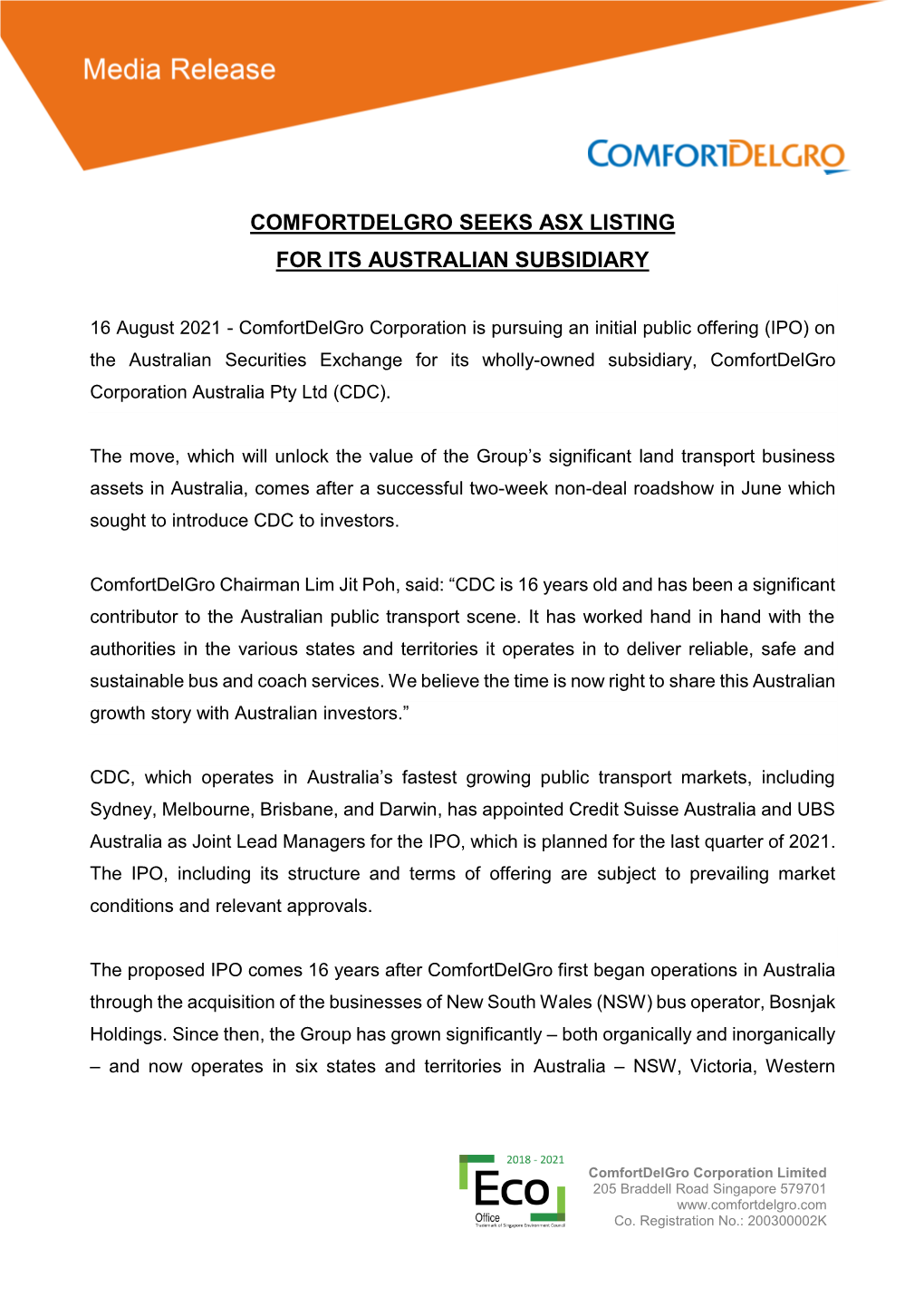 Comfortdelgro Seeks Asx Listing for Its Australian Subsidiary