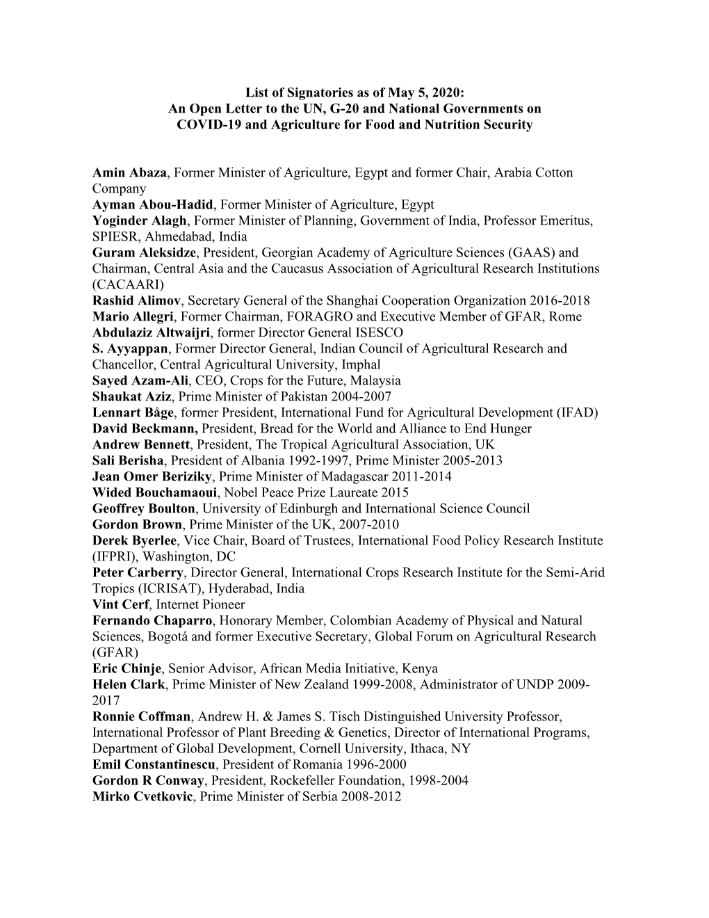 List of Signatories As of May 5, 2020: an Open Letter to the UN, G-20 and National Governments on COVID-19 and Agriculture for Food and Nutrition Security