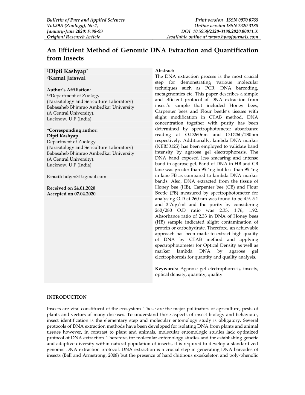 An Efficient Method of Genomic DNA Extraction and Quantification from Insects