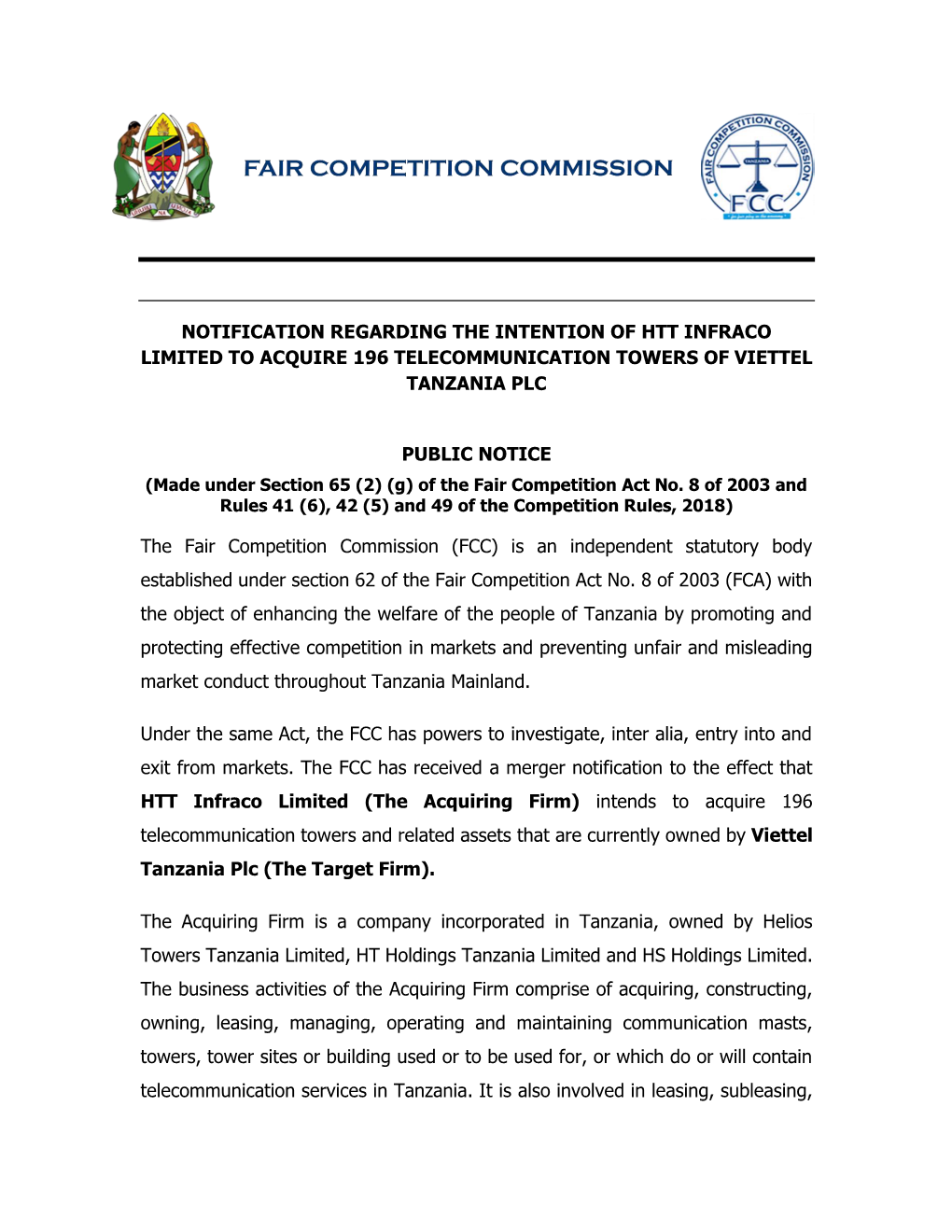 Notification Regarding the Intention of Htt Infraco Limited to Acquire 196 Telecommunication Towers of Viettel Tanzania Plc