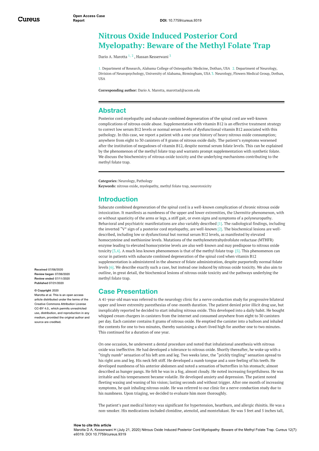 Nitrous Oxide Induced Posterior Cord Myelopathy: Beware of the Methyl Folate Trap