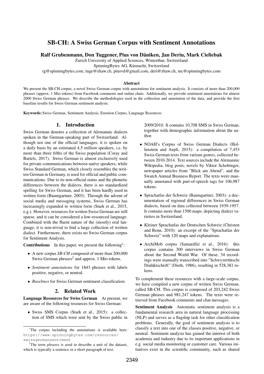 SB-CH: a Swiss German Corpus with Sentiment Annotations