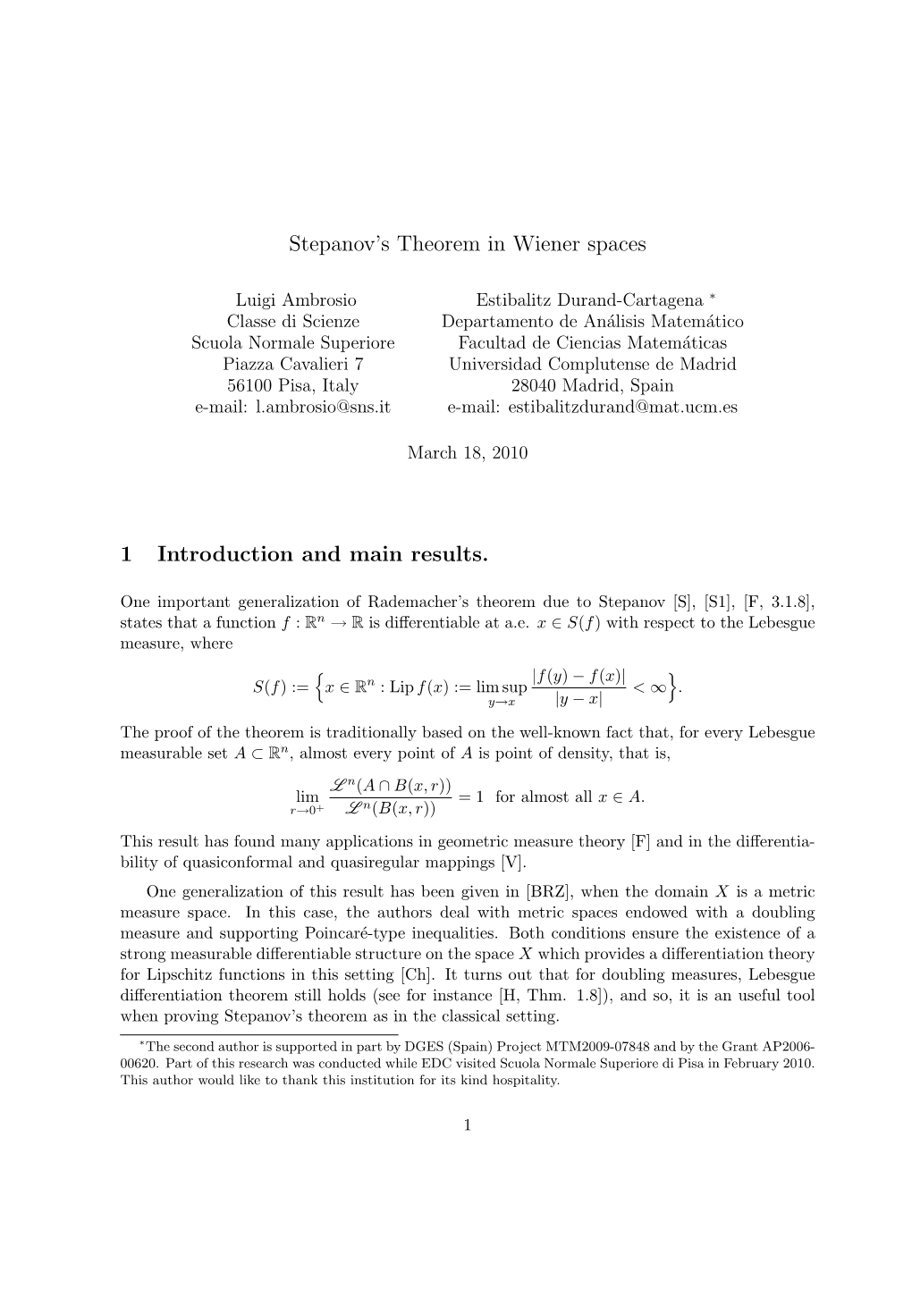 Stepanov's Theorem in Wiener Spaces 1 Introduction and Main Results