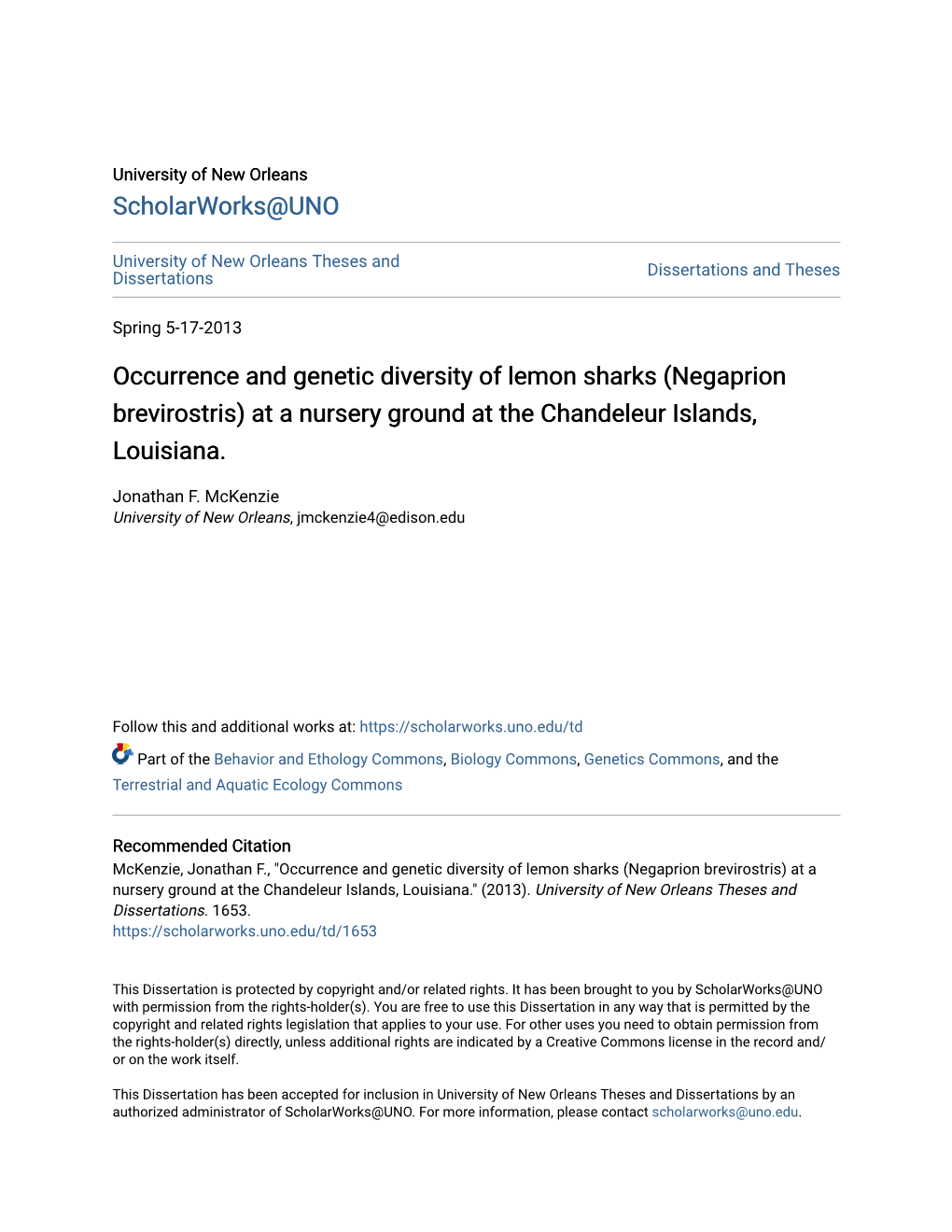 Occurrence and Genetic Diversity of Lemon Sharks (Negaprion Brevirostris) at a Nursery Ground at the Chandeleur Islands, Louisiana