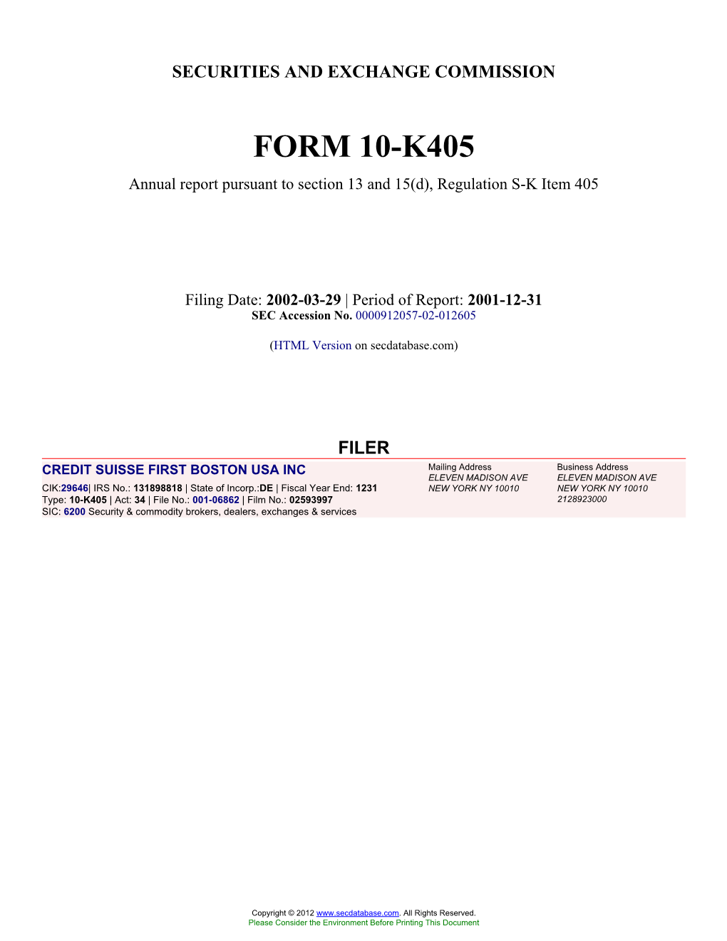 CREDIT SUISSE FIRST BOSTON USA INC (Form: 10-K405, Filing