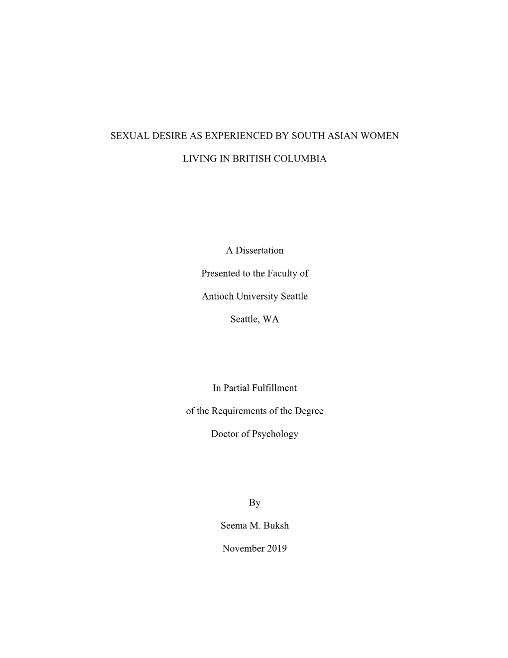 Sexual Desire As Experienced by South Asian Women Living in British Columbia