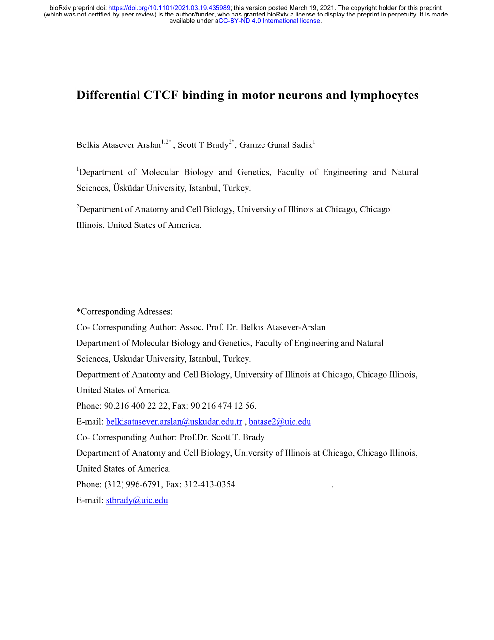 Differential CTCF Binding in Motor Neurons and Lymphocytes