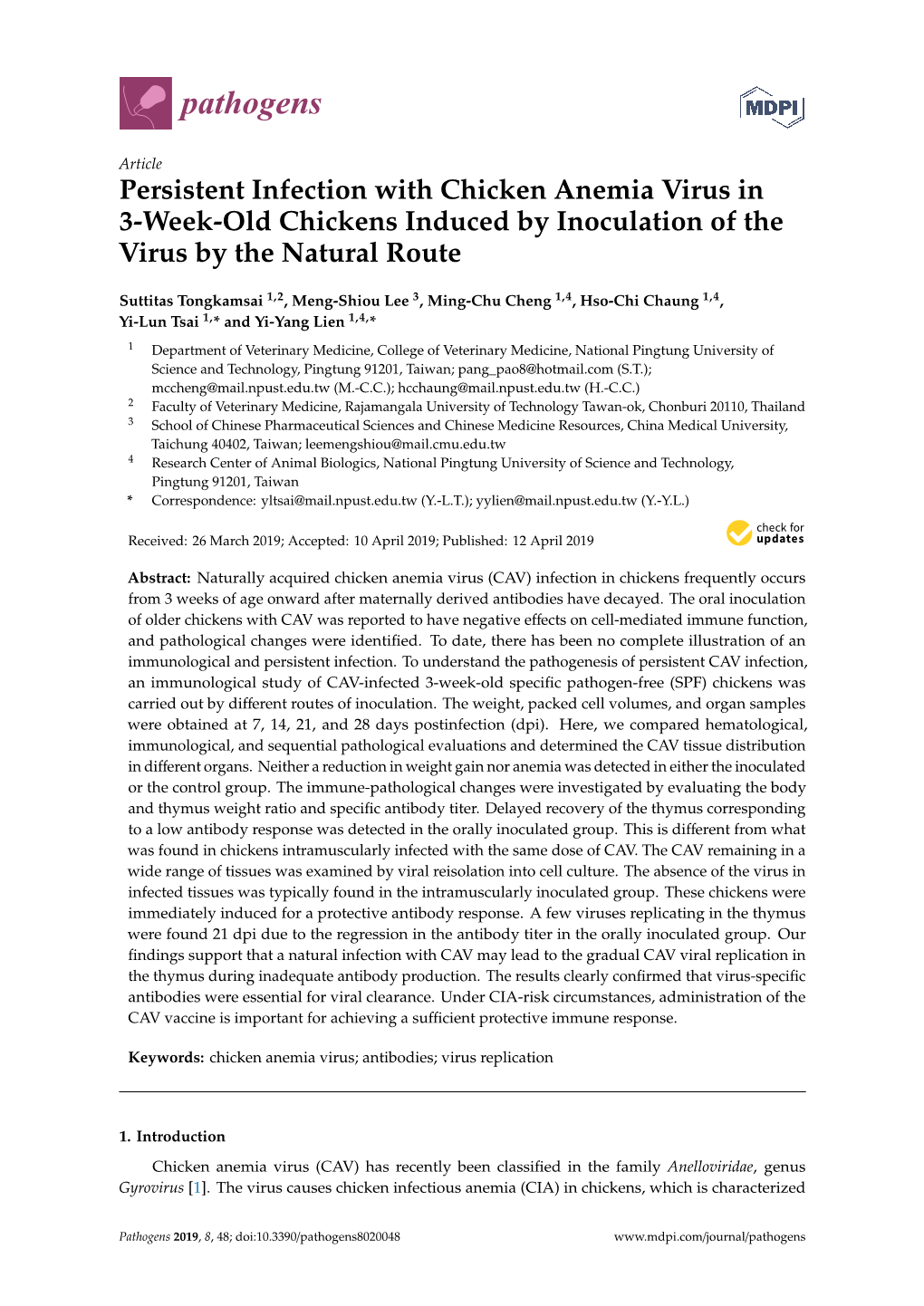 Persistent Infection with Chicken Anemia Virus in 3-Week-Old Chickens Induced by Inoculation of the Virus by the Natural Route