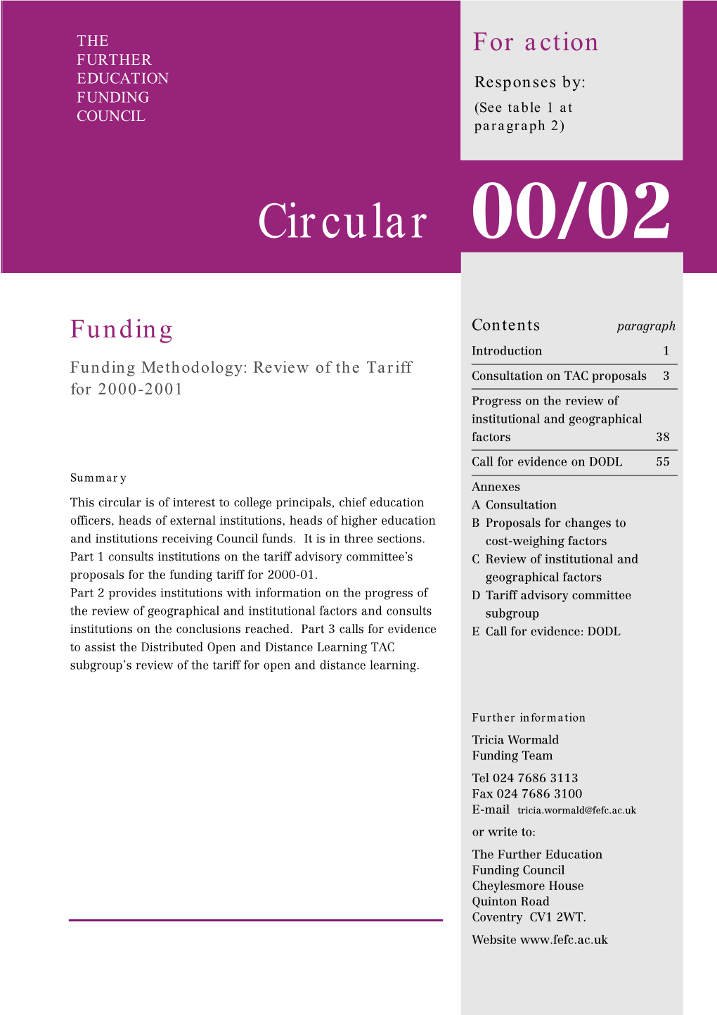 Funding Methodology: Review of the Tariff for 2000-2001