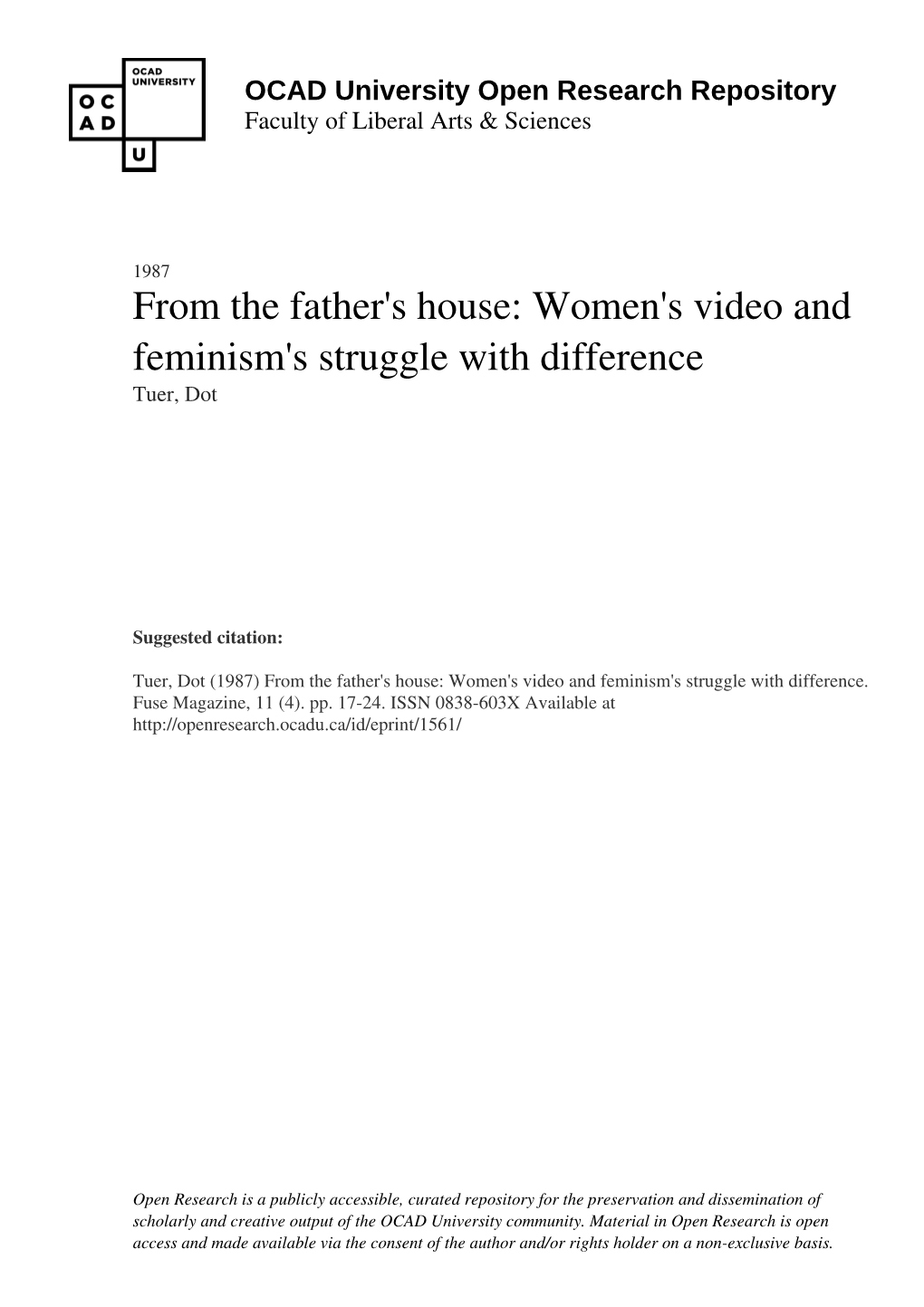 From the Father's House: Women's Video and Feminism's Struggle with Difference Tuer, Dot