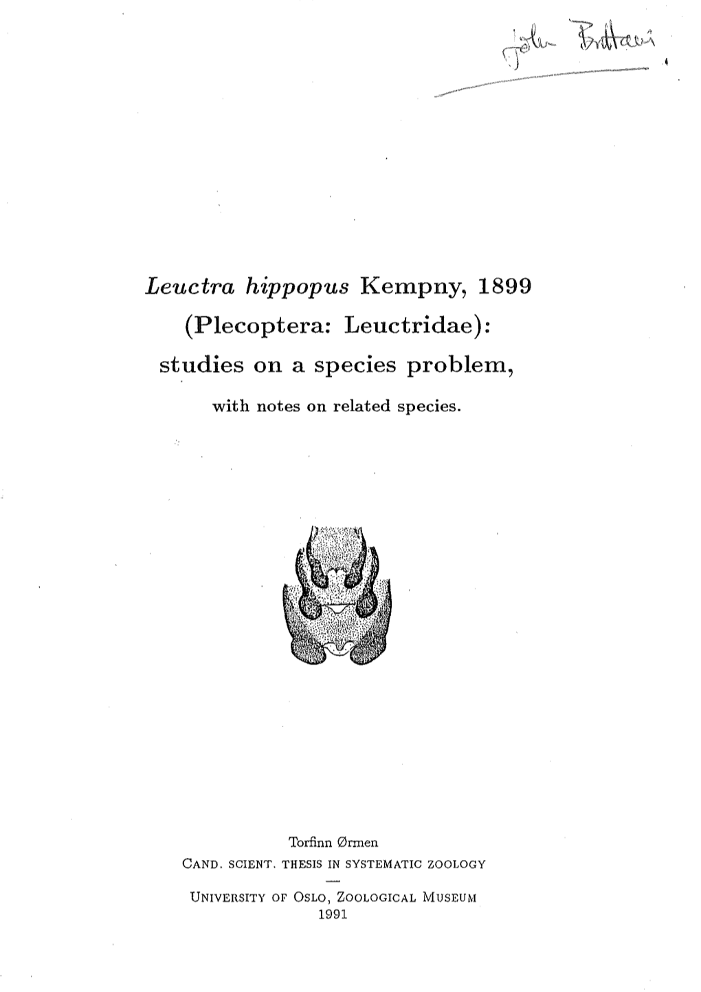 Leuctra Hippopus Kempny, 1899 (Plecoptera: Leuctridae): Studies on a Species Problem
