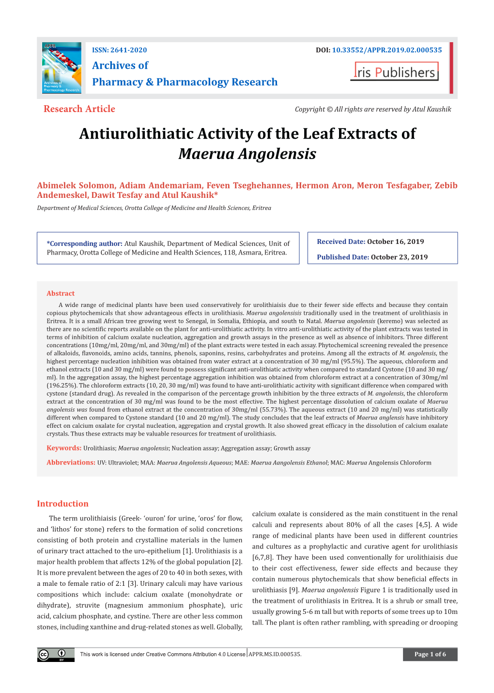 Antiurolithiatic Activity of the Leaf Extracts of Maerua Angolensis
