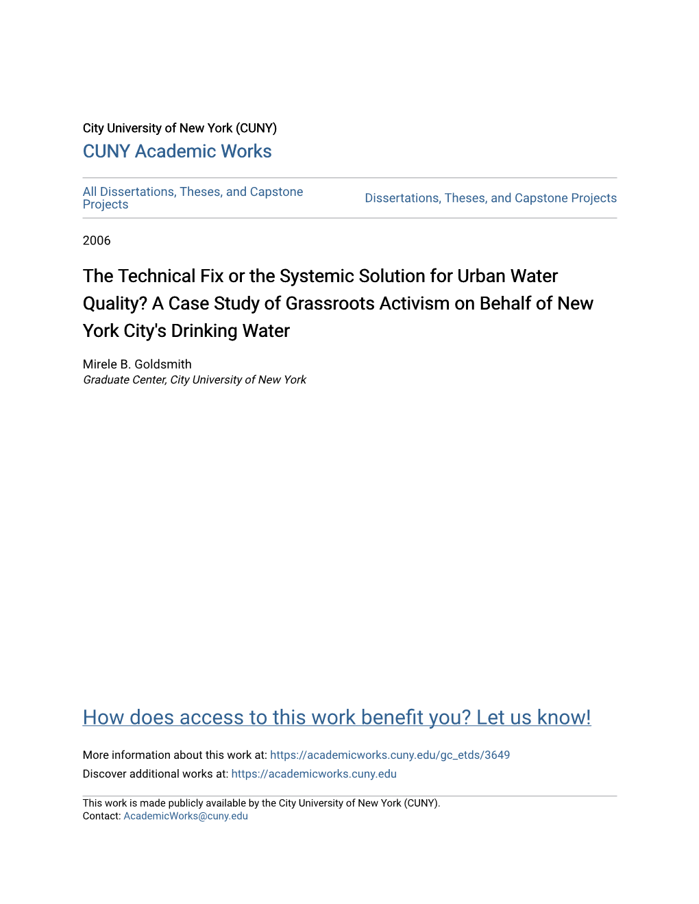 The Technical Fix Or the Systemic Solution for Urban Water Quality? a Case Study of Grassroots Activism on Behalf of New York City's Drinking Water