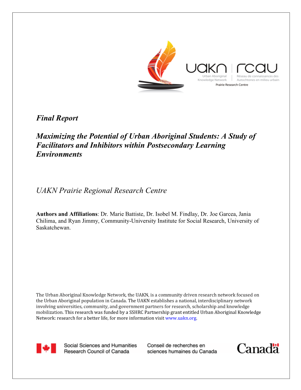 Final Report Maximizing the Potential of Urban Aboriginal Students: A