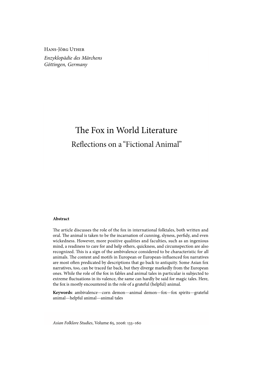 The Fox in World Literature Reflections on a “Fictional Animal”