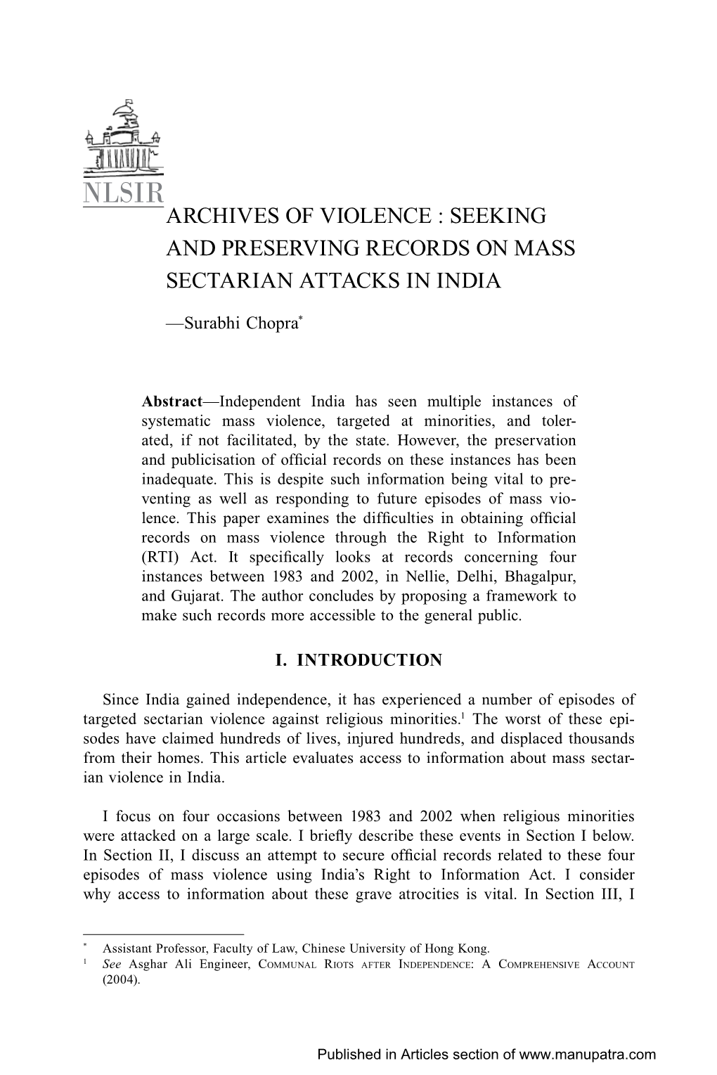 Archives of Violence : Seeking and Preserving Records on Mass Sectarian Attacks in India