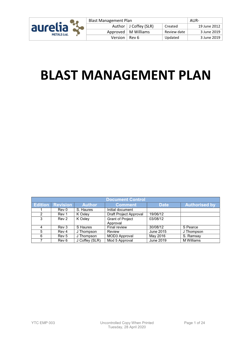Blast Management Plan AUR- Author J Coffey (SLR) Created 19 June 2012 Approved M Williams Review Date 3 June 2019 Version Rev 6 Updated 3 June 2019