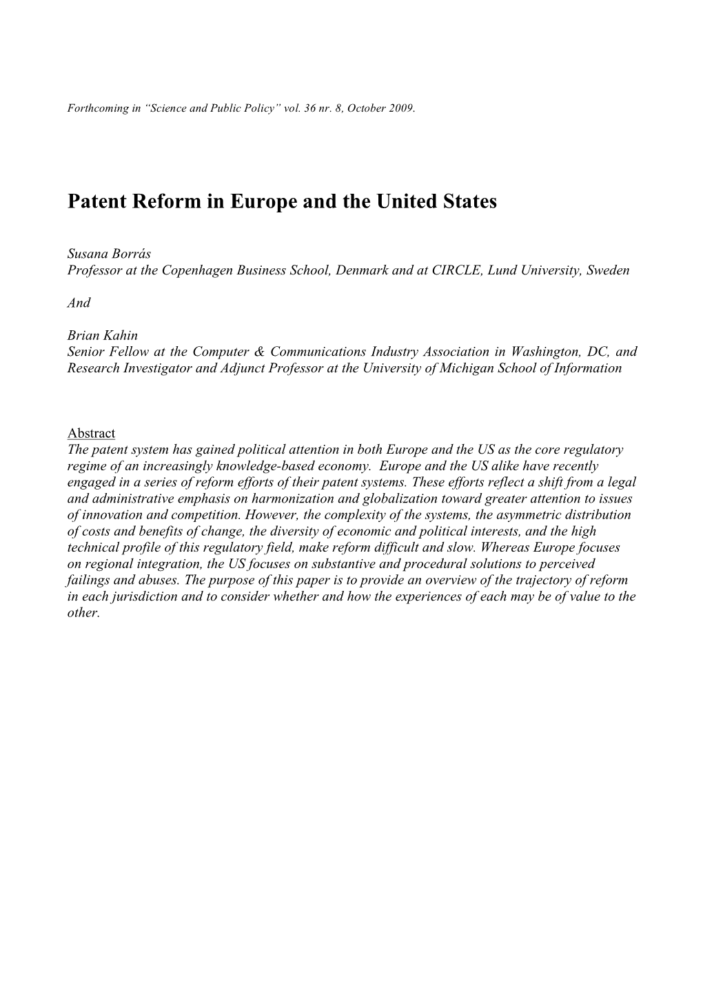Patent Reform in Europe and the United States