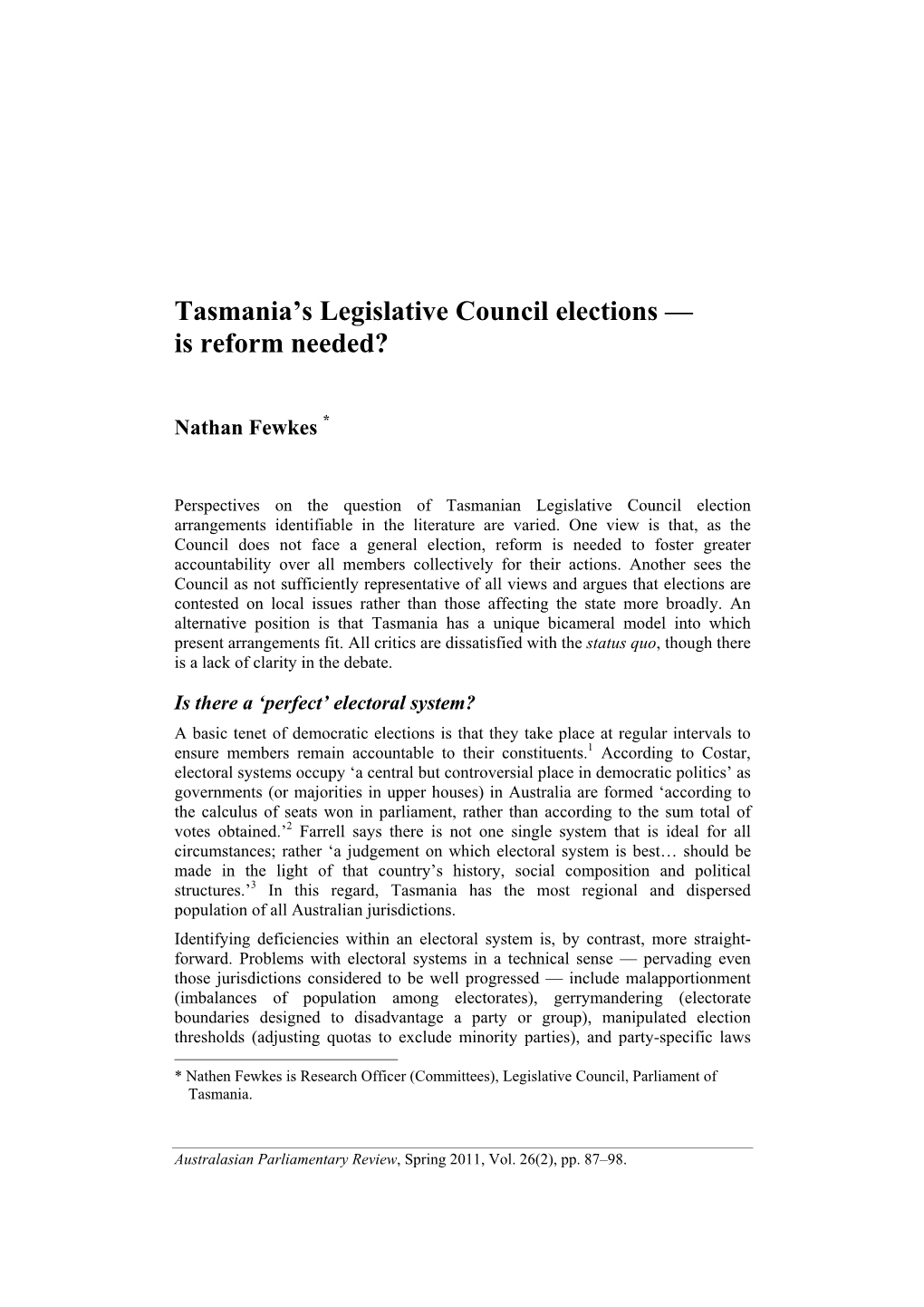 Tasmania's Legislative Council Elections — Is Reform Needed?