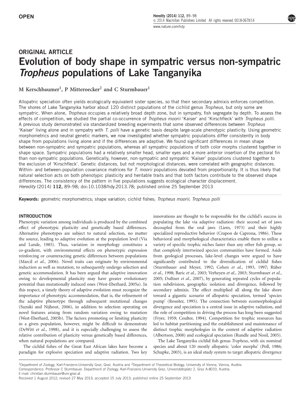 Evolution of Body Shape in Sympatric Versus Non-Sympatric Tropheus Populations of Lake Tanganyika