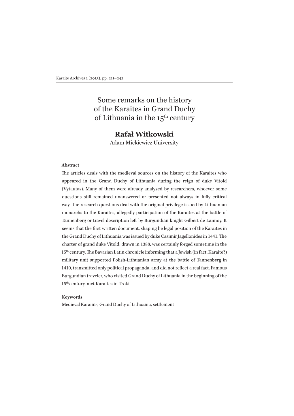 Some Remarks on the History of the Karaites in Grand Duchy of Lithuania in the 15Th Century