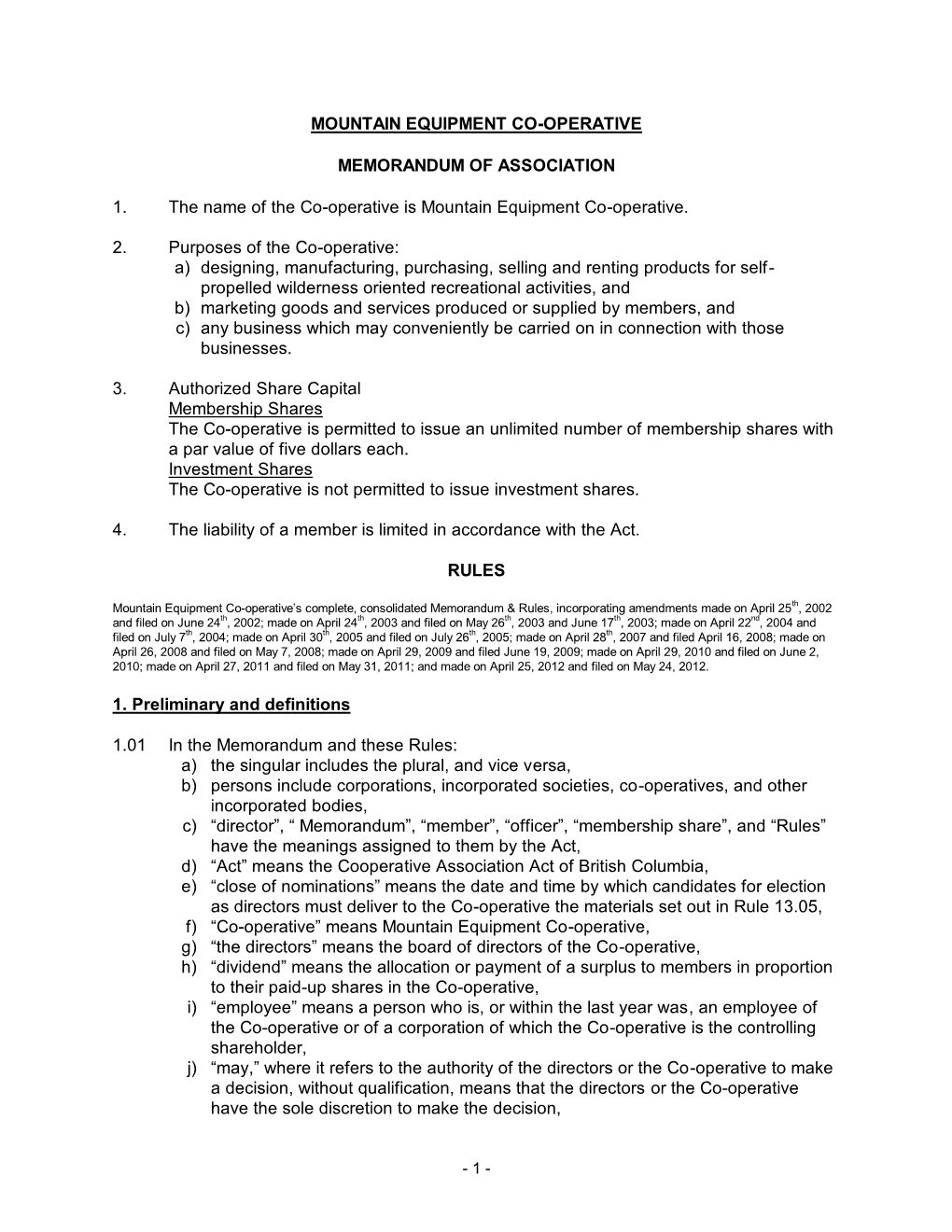 Mountain Equipment Co-Operative Memorandum of Association