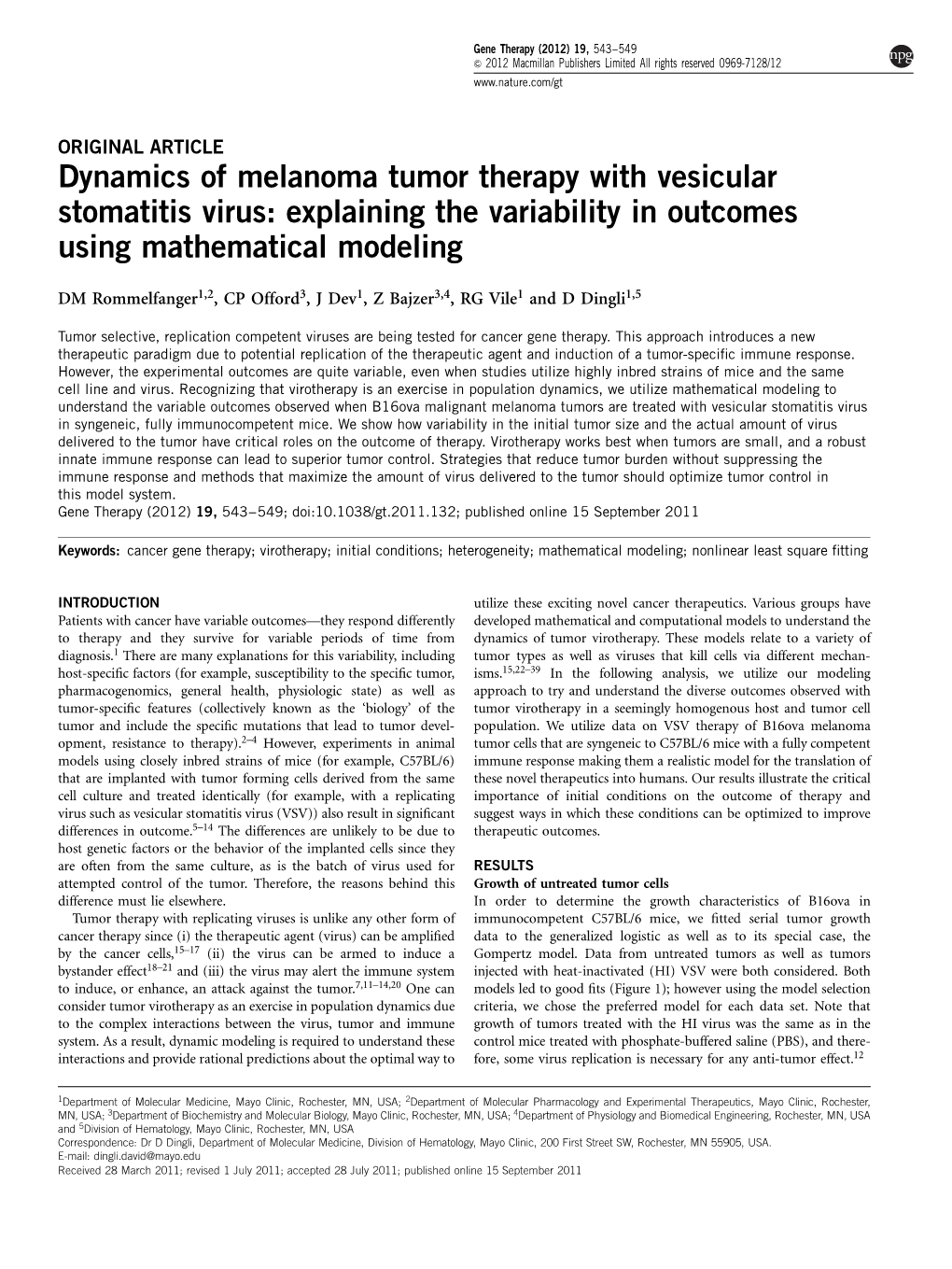 Dynamics of Melanoma Tumor Therapy with Vesicular Stomatitis Virus: Explaining the Variability in Outcomes Using Mathematical Modeling