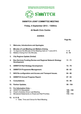 SWWITCH JOINT COMMITTEE MEETING Friday, 6 September 2013