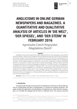 Anglicisms in Online German Newspapers and Magazines. a Quantitative and Qualitative Analysis of Articles In