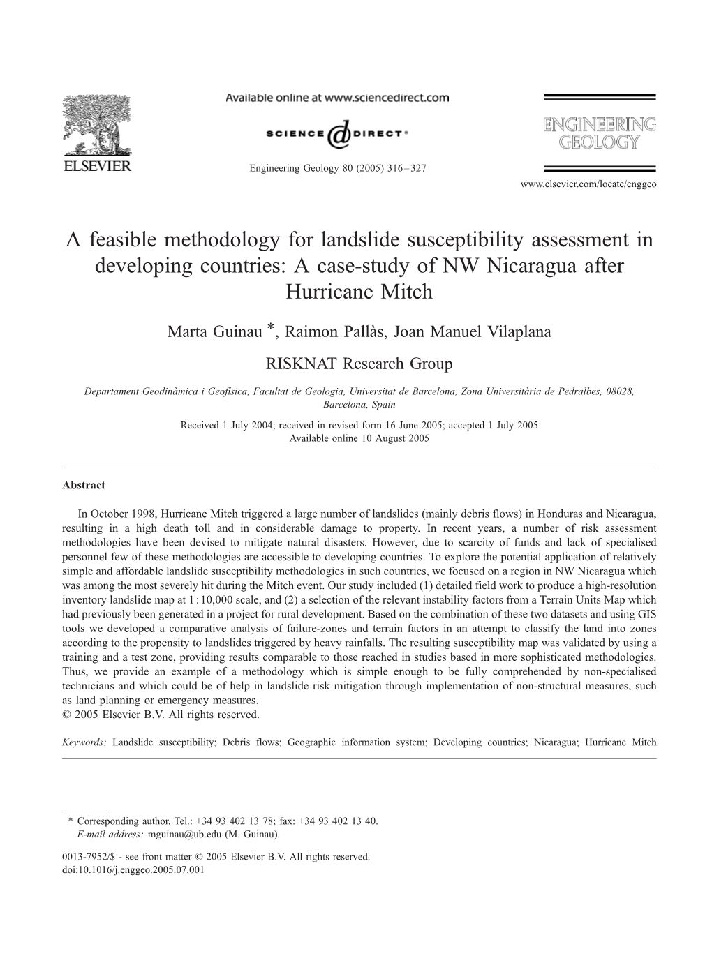 A Feasible Methodology for Landslide Susceptibility Assessment in Developing Countries: a Case-Study of NW Nicaragua After Hurricane Mitch