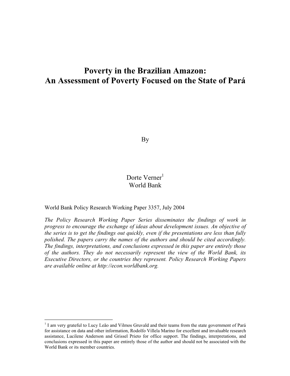 An Assessment of Poverty Focused on the State of Pará