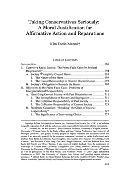 Taking Conservatives Seriously: a Moral Justification for Affirmative Action and Reparations