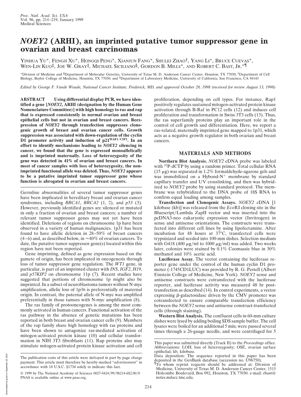 An Imprinted Putative Tumor Suppressor Gene in Ovarian and Breast Carcinomas