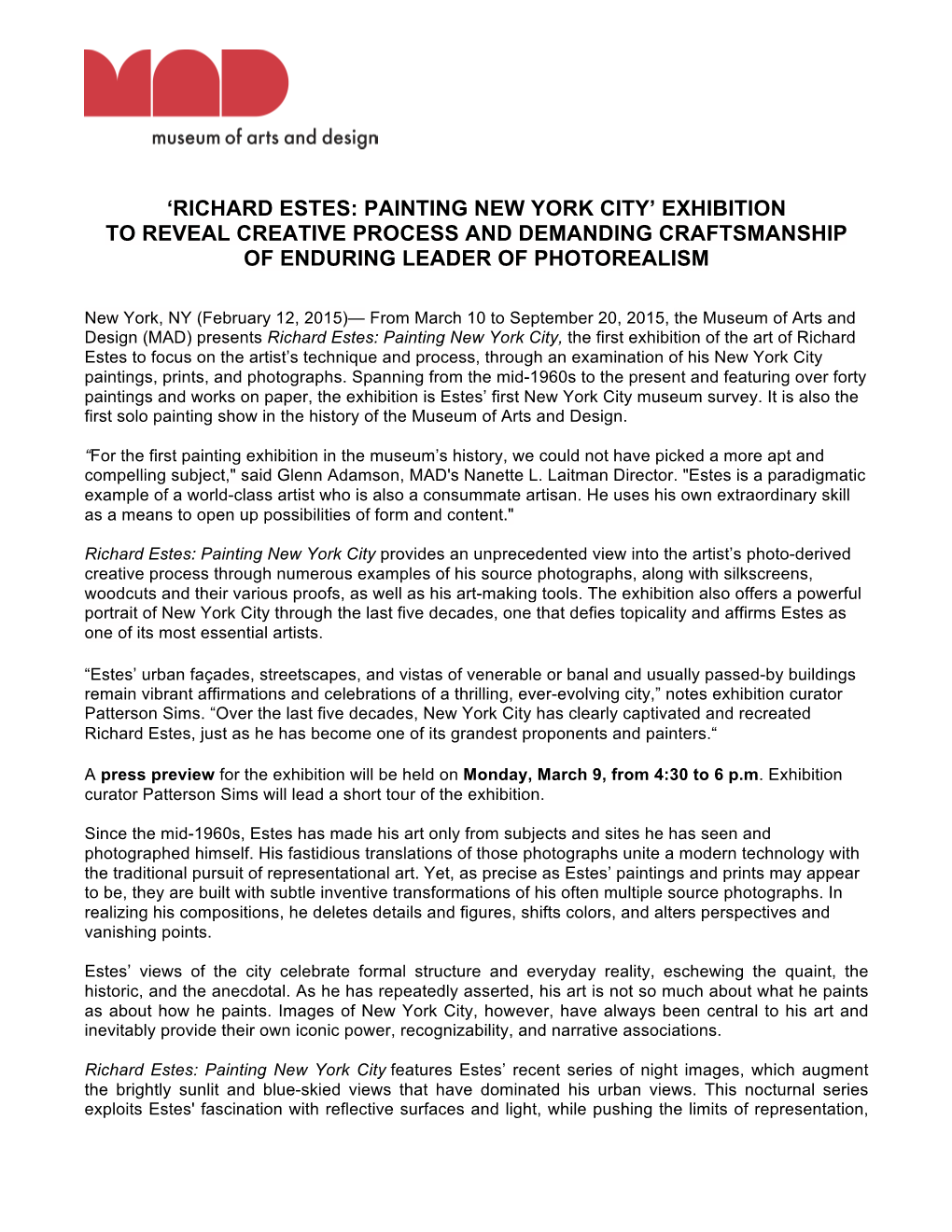 Richard Estes Press Release