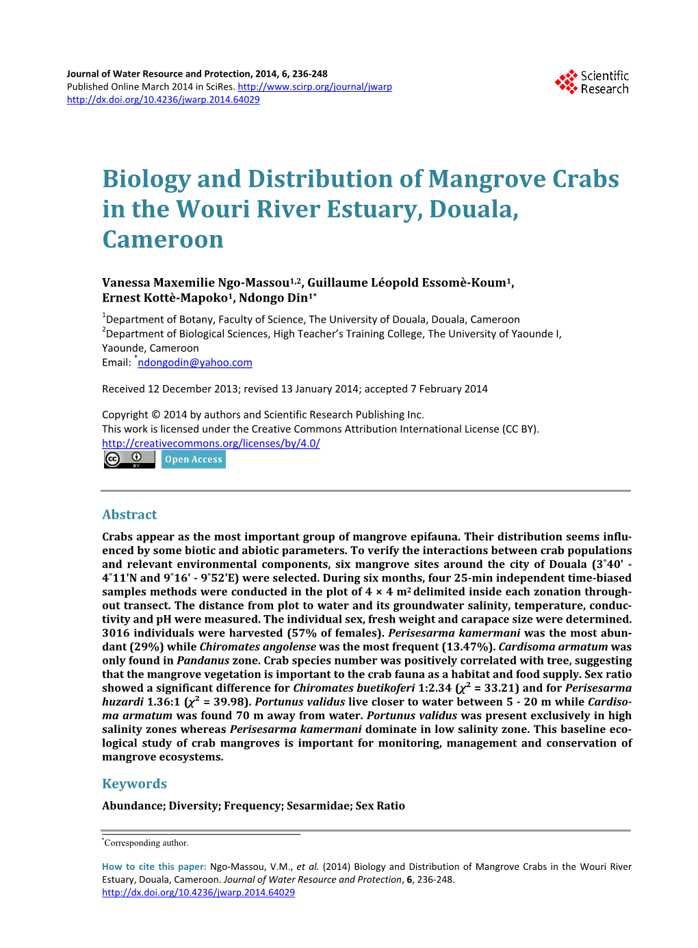 Biology and Distribution of Mangrove Crabs in the Wouri River Estuary, Douala, Cameroon