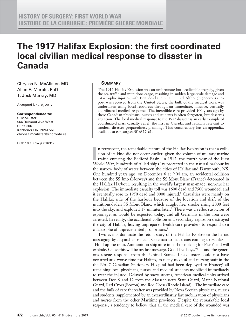 The 1917 Halifax Explosion: the First Coordinated Local Civilian Medical Response to Disaster in Canada