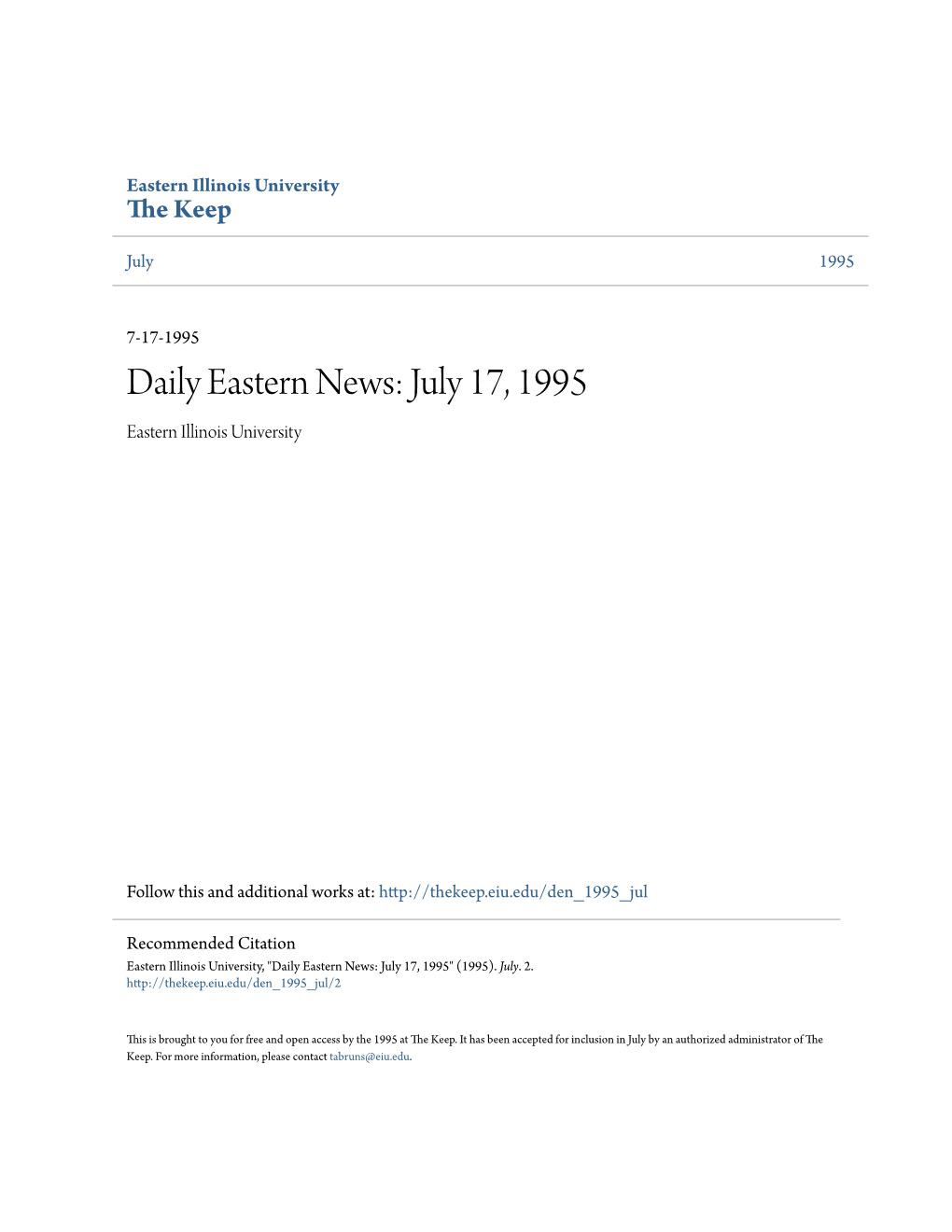 Daily Eastern News: July 17, 1995 Eastern Illinois University