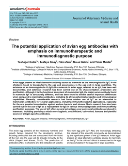 The Potential Application of Avian Egg Antibodies with Emphasis on Immunotherapeutic and Immunodiagnostic Purpose