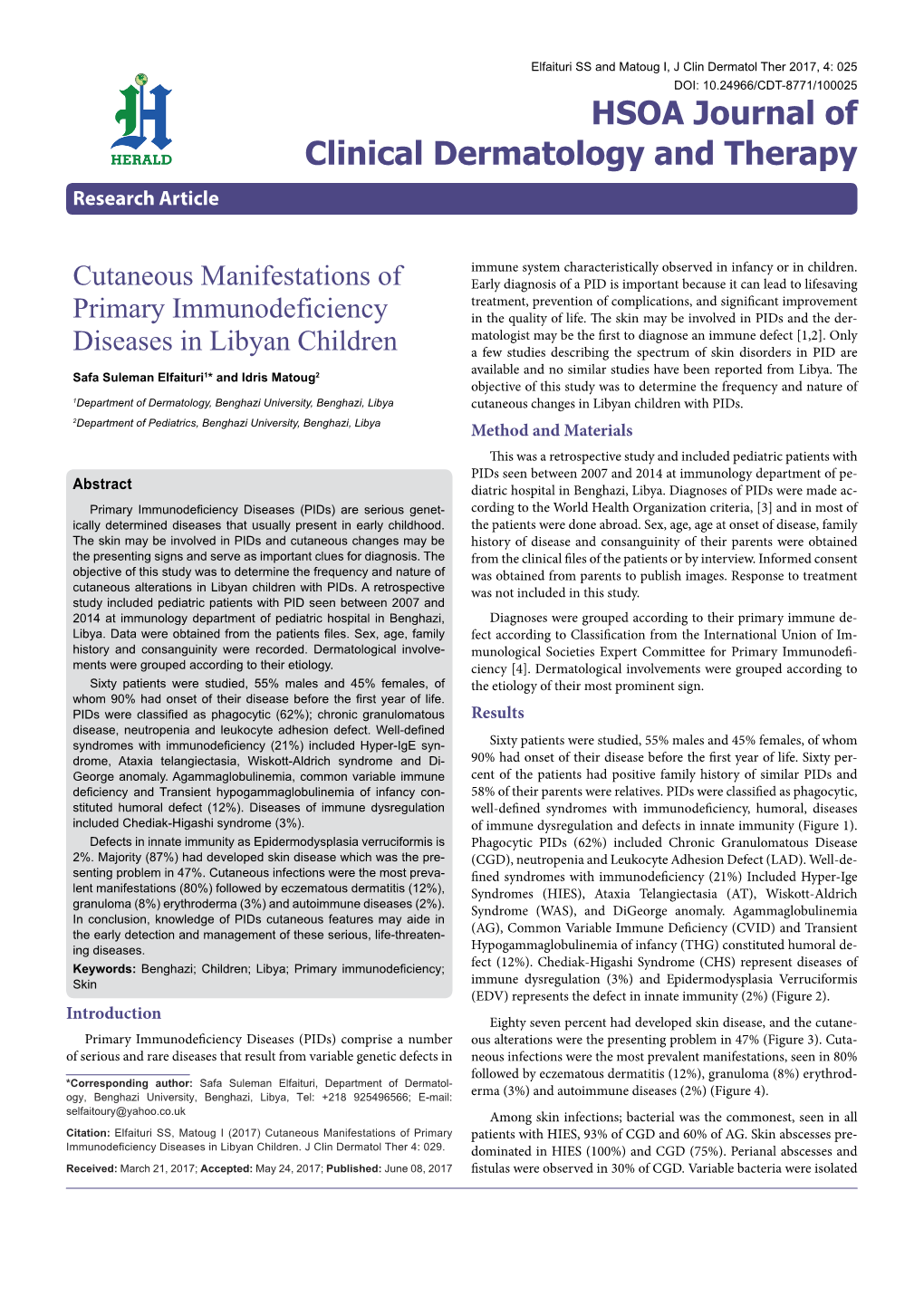 Cutaneous Manifestations of Primary Immunodeficiency Diseases in Libyan Children