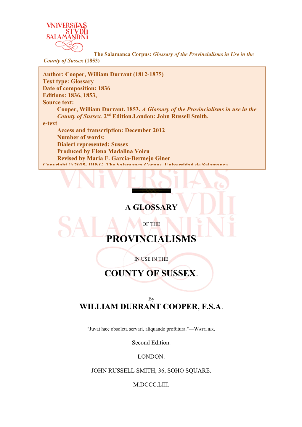 The Salamanca Corpus: Glossary of the Provincialisms in Use in the County of Sussex (1853)