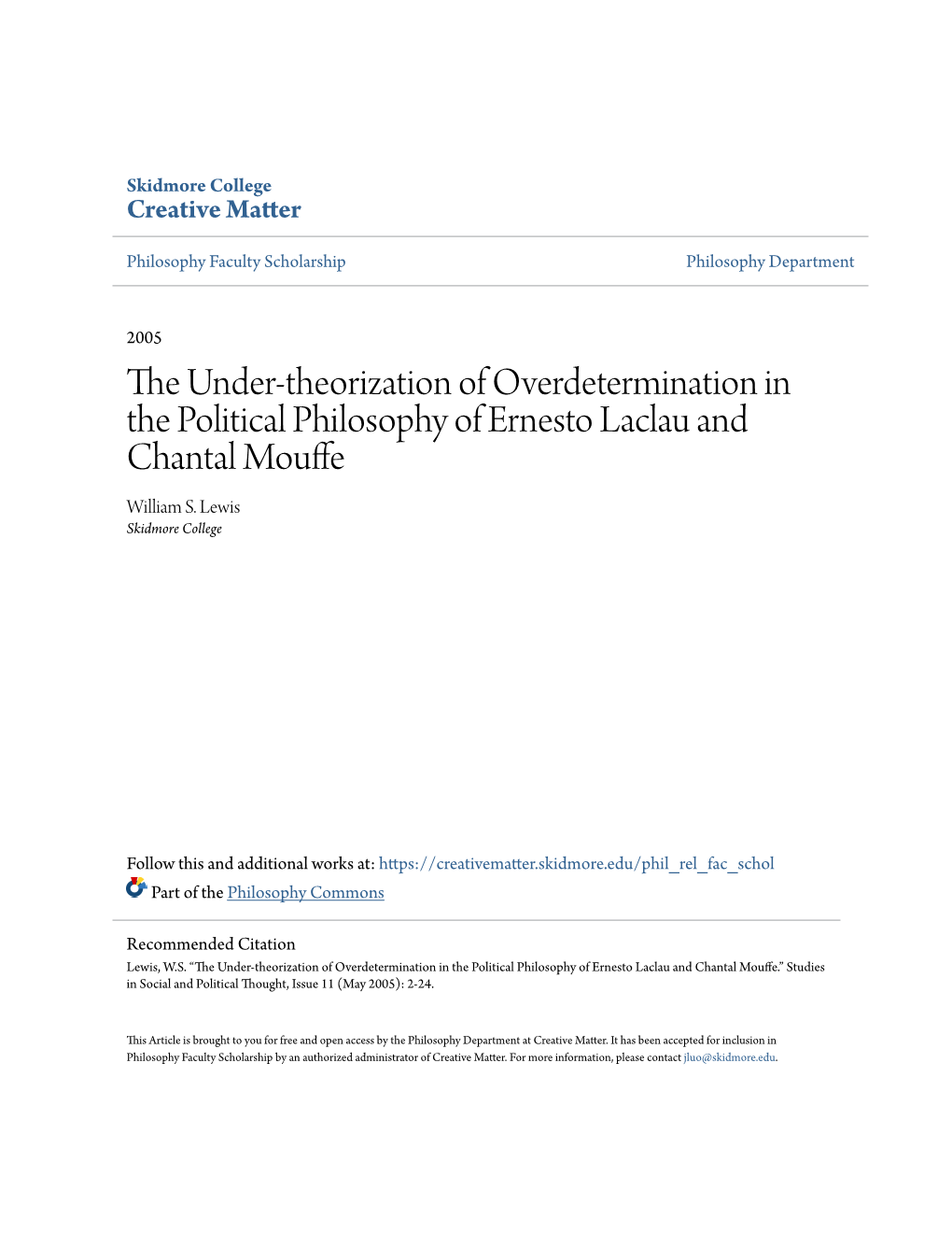 The Under-Theorization of Overdetermination in the Political Philosophy of Ernesto Laclau and Chantal Mouffe