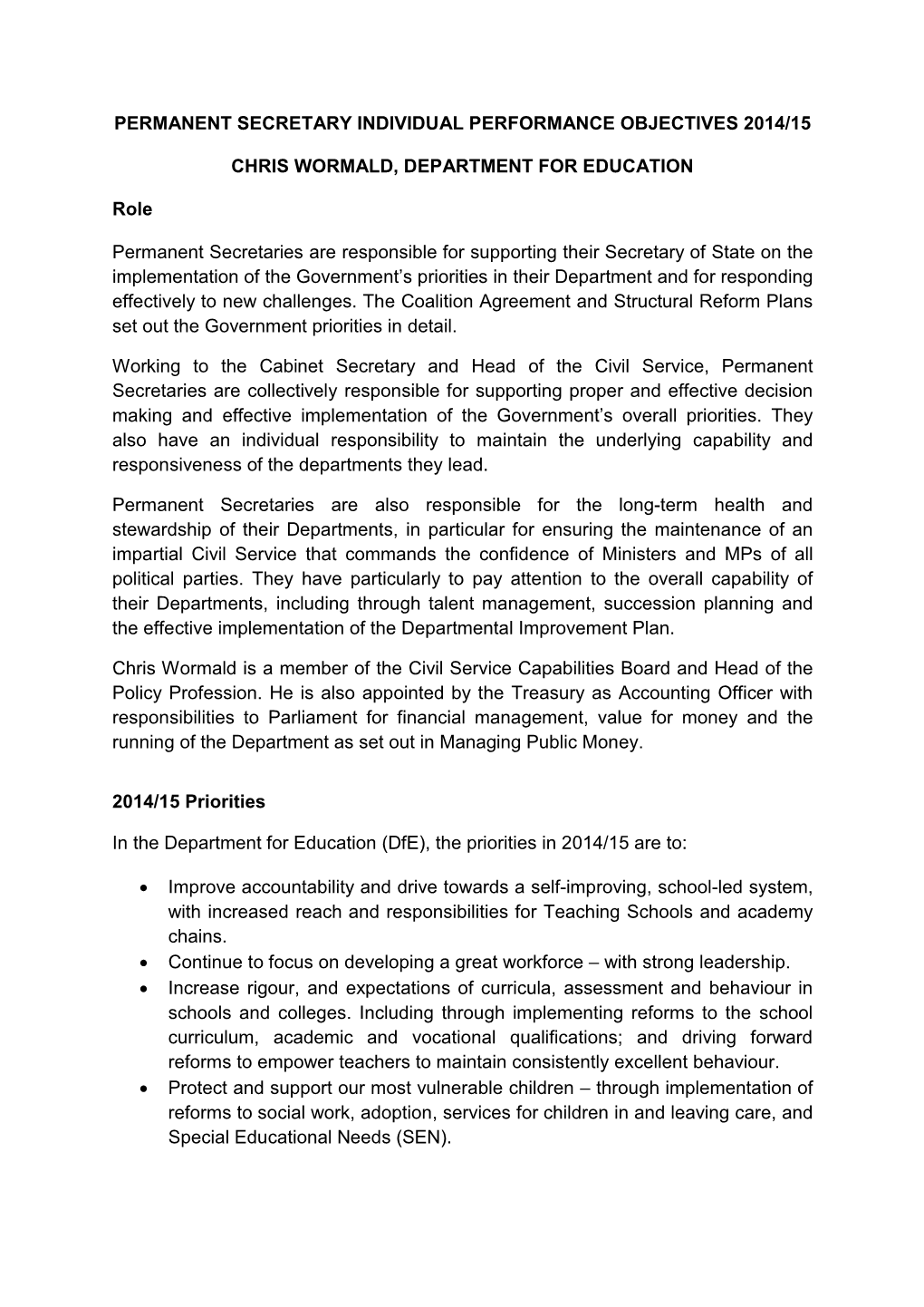 Permanent Secretary Individual Performance Objectives 2014/15