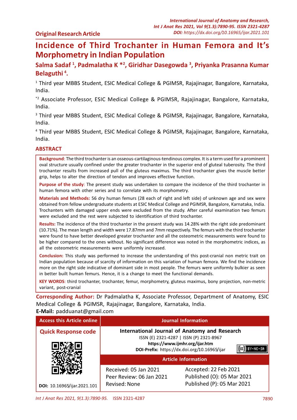 Incidence of Third Trochanter in Human Femora and It's Morphometry in Indian Population