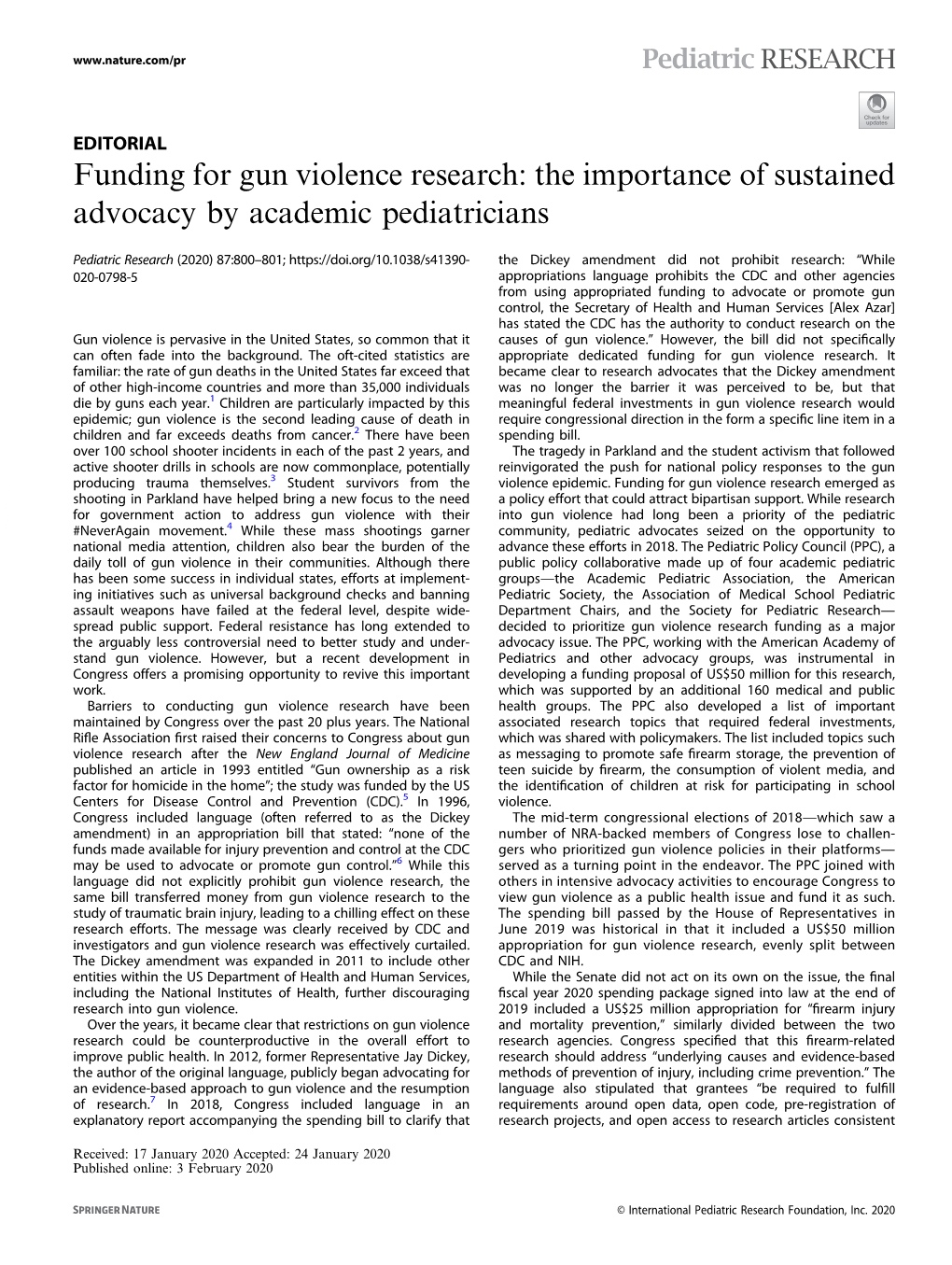 Funding for Gun Violence Research: the Importance of Sustained Advocacy by Academic Pediatricians
