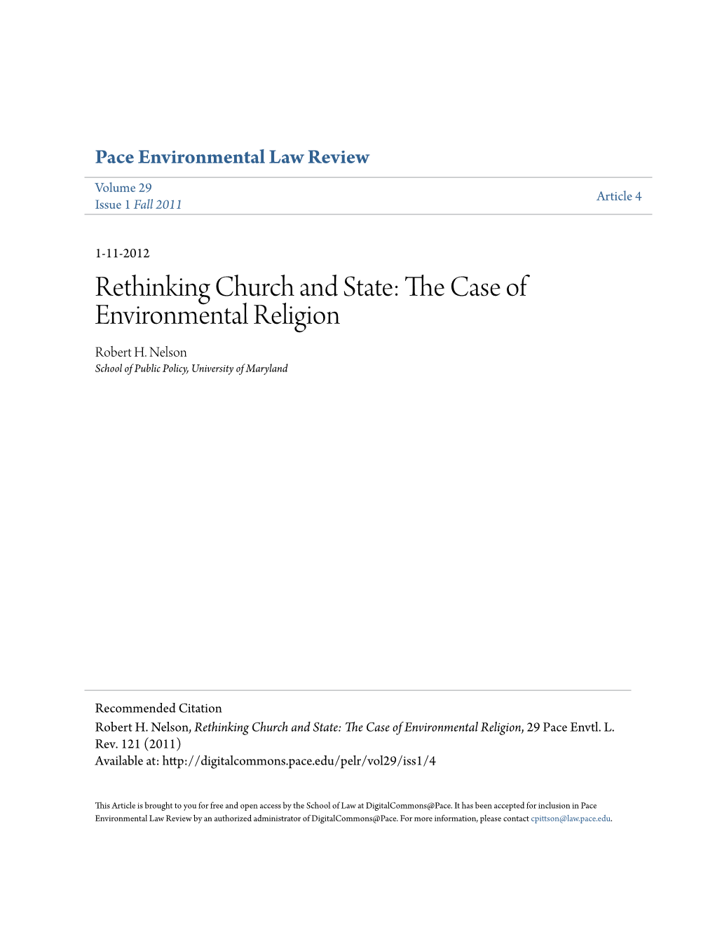 Rethinking Church and State: the Case of Environmental Religion, 29 Pace Envtl